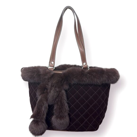 Y2k Fur Trim Quilted Brown Bag Purse Custom Cozy Chic Old Money Elegant Winter - Picture 1 of 12